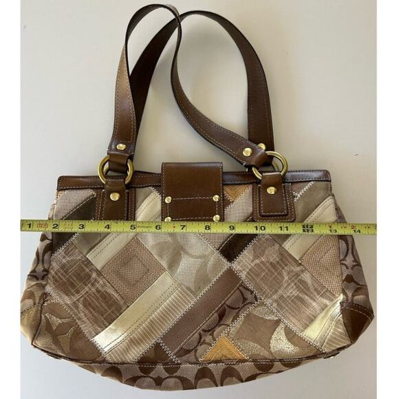 COACH KHAKI BROWN SIGNATURE PATCHWORK ZIP TURNLOCK TOTE BAG PURSE SATCHEL 12524 - Picture 8 of 10